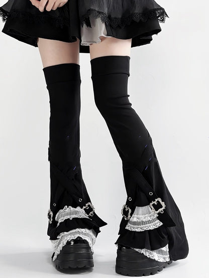 Lace Leg Warmers Multi Layer Buckle Details Black White - AOSpace