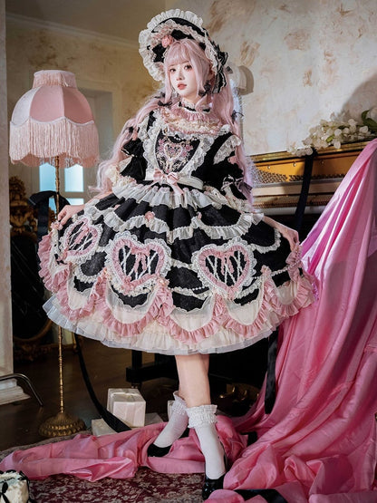 Schwarzes Hanayome-Rosetten-Stickerei-Blumen- und Perlenketten-Lolita-OP-Komplettset