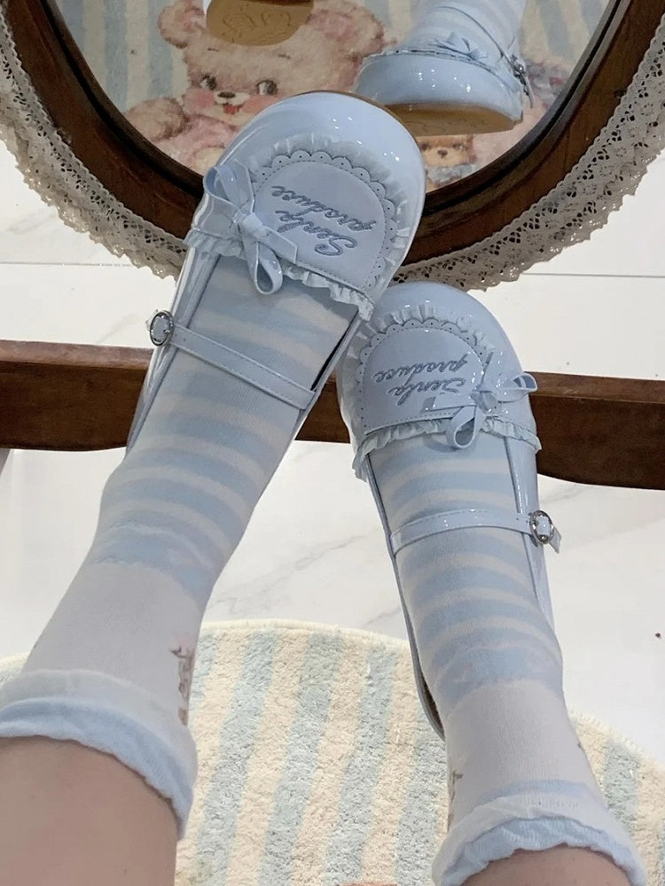 Trim Flats Toe Round PU Ruffles Embroidery Letter Blue Baby Leather