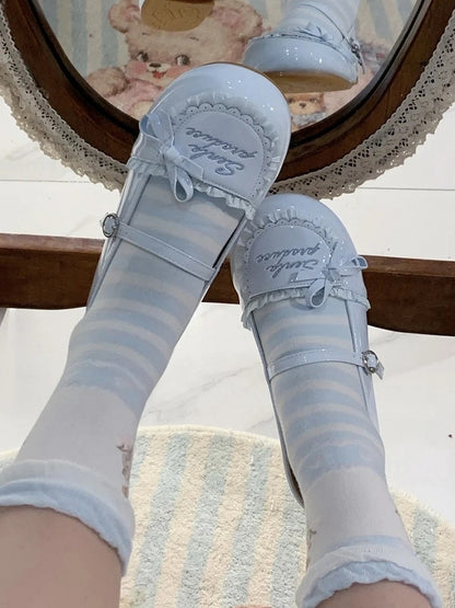 Trim Flats Toe Round PU Ruffles Embroidery Letter Blue Baby Leather