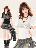 Schwarz/Weißes Slim-Fit-T-Shirt mit Rundhalsausschnitt und Camisole-Print