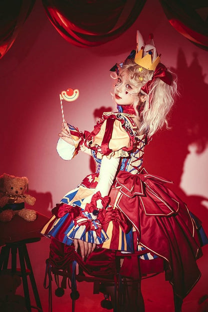 with Skirt Blue Jumper Sweet Dress Bunny Circus Embroidery and Sleeves Detachable Lolita Puff Red
