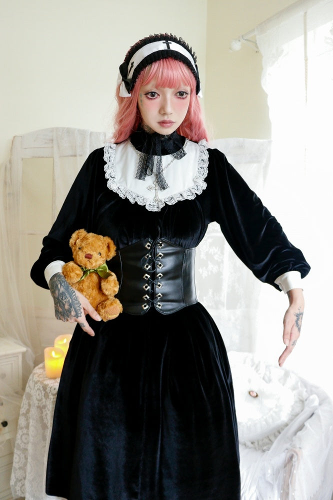 Chor Gothic Stehkragen Samt Kreuz Langarm Kleid