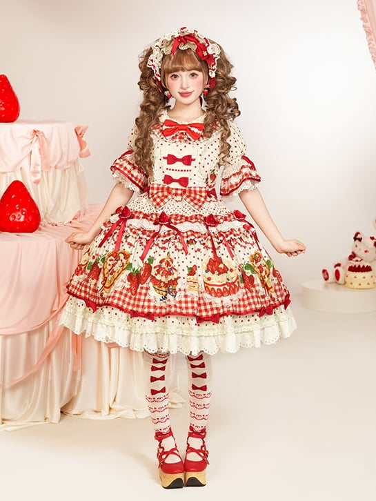 Puff Ruffle Sweet Dress Strawberry Lolita White Sleeves with Hem Red Cake Print