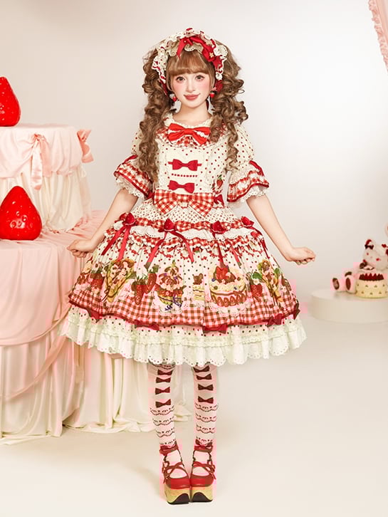 Puff Ruffle Sweet Dress Strawberry Lolita White Sleeves with Hem Red Cake Print