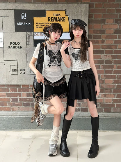 Butterfly Y2K White Semi-sheer PU Print Buckle T-shirt Waist Drawstring Strap Glamorous