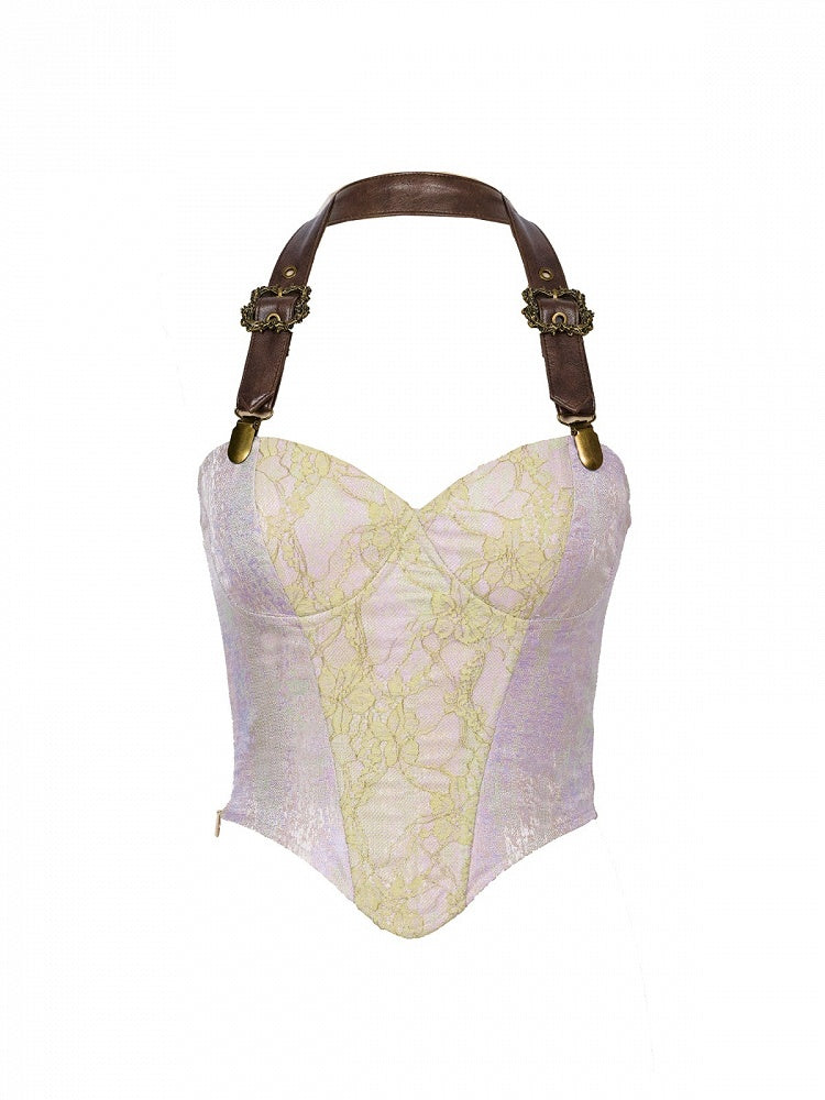 Fairycore Mori Kei Purple & Green Halter Neck Corset Top with Strap Design - Virtual Orbit
