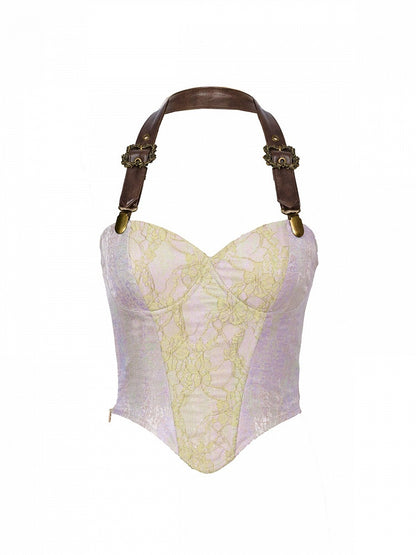 Fairycore Mori Kei Purple & Green Halter Neck Corset Top with Strap Design - Virtual Orbit