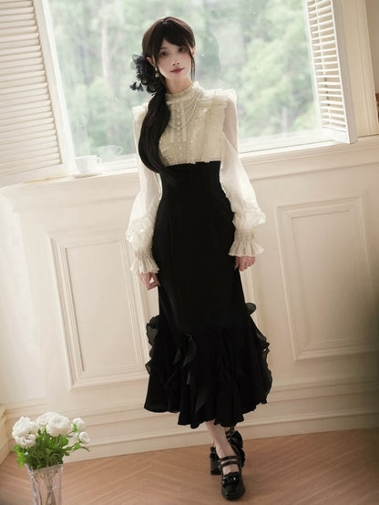 Beige Long Sleeve Blouse & Black Mermaid Skirt Boned Waist Lolita Dress - With PUJI