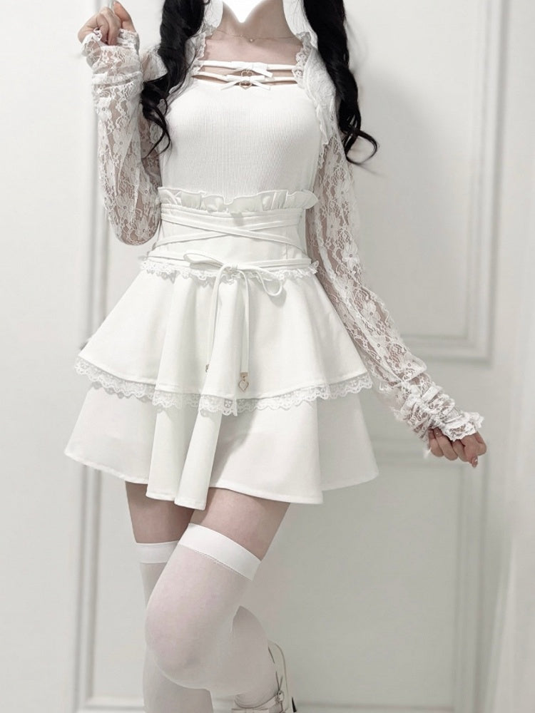 Ruffled High Tie and Black/Dusty Design Detail Pink/White in Corset Waist Skirt Double-Layer