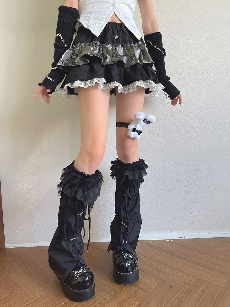 Leg with Design Trim White/Black Warmers Drawstring Lace