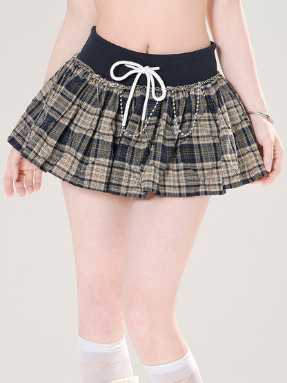 Black Drawstring Waist Mini Plaid Skirt