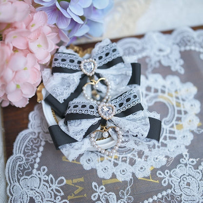 Heart Rhinestone Jirai Kei Lace Bow Hairclips Blue/BlackWhite/White Pink/Light Dusty