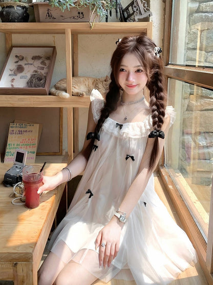 Sweet Apricot Dress with Bow and Lace Trim - Qchiwawameme