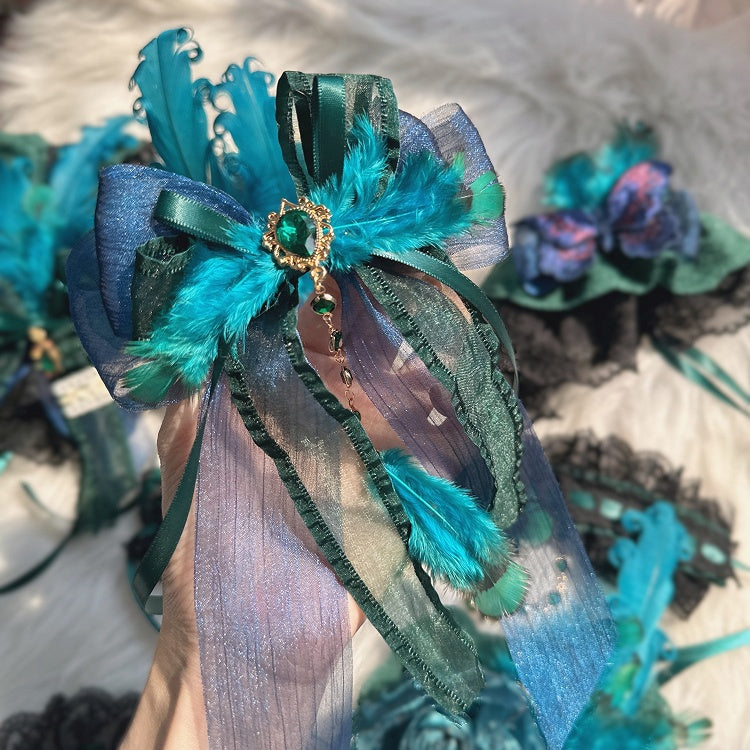 Feather Charm Lolita Green Hairclip Bow Peacock Double-Layer