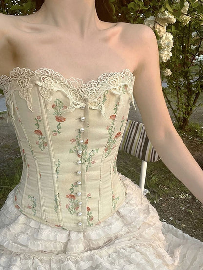 Aprikosenfarbenes Bustier-Korsett-Oberteil aus Baumwolle mit Blumenmuster und Stäbchen