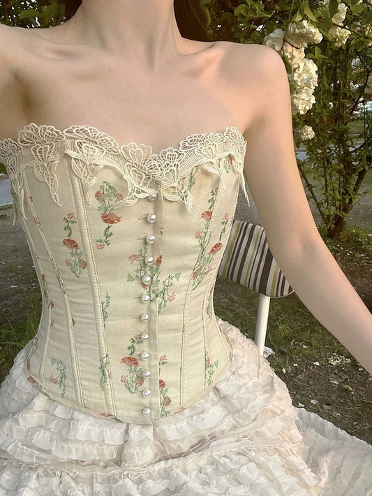 Aprikosenfarbenes Bustier-Korsett-Oberteil aus Baumwolle mit Blumenmuster und Stäbchen