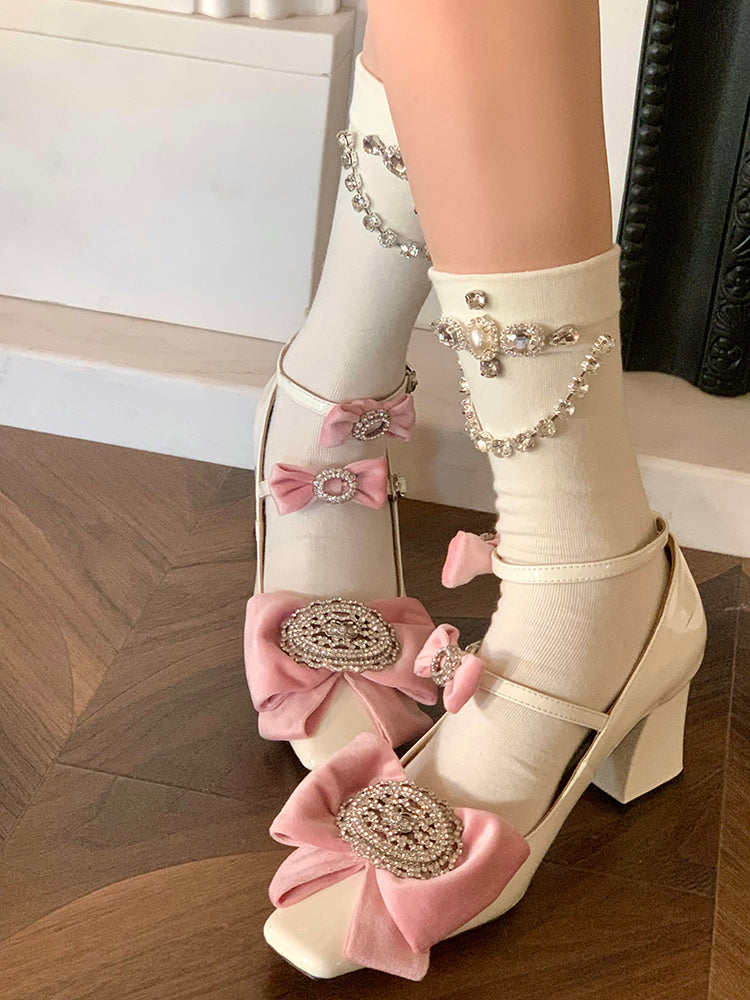 with Rhinestone Socks Decoration Black/White/Gray Chain Calf