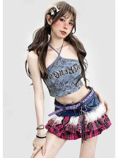 プリントホルターネックトップレターかわいいビタースイートブルーグラマラス