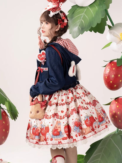 Frühlings-Erdbeer- und Kaninchen-Print, Spitzenbesatz, Schleife, Akzente, Beige, süßes Lolita-Kleid, einteilig