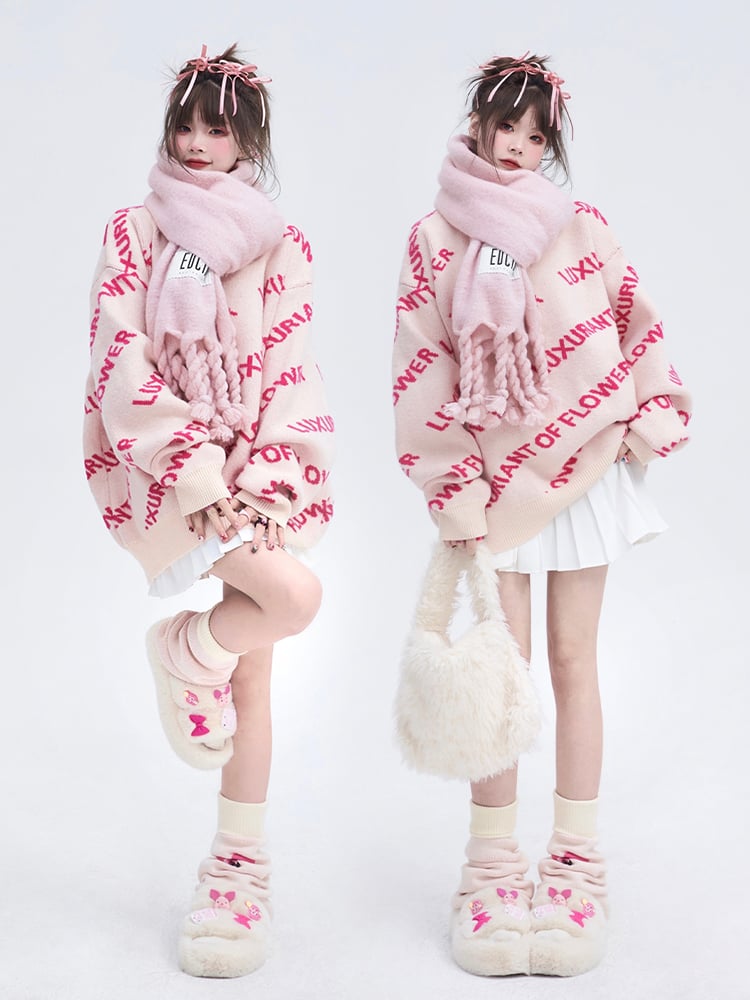 Pullover Vibrant Knit Crewneck Pink with Lettering Sweater