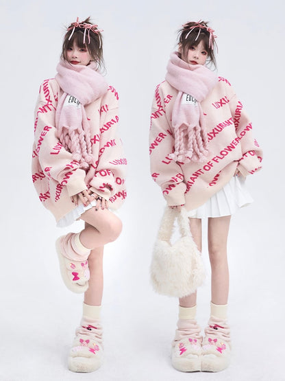 Pullover Vibrant Knit Crewneck Pink with Lettering Sweater