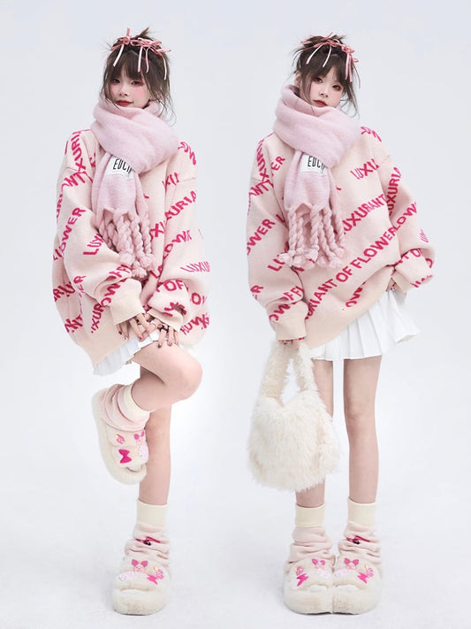 Pullover Vibrant Knit Crewneck Pink with Lettering Sweater