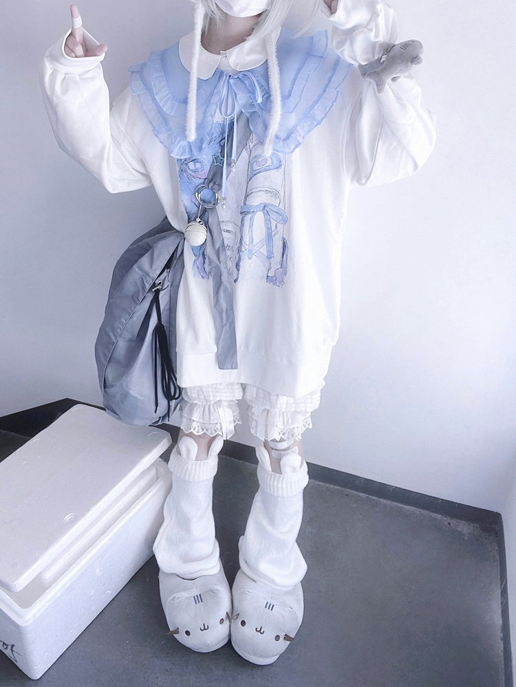 Tenshi Core Jirai Kei Light Blue Printed Sweatshirt Dress with Detachable Organza Faux Collar
