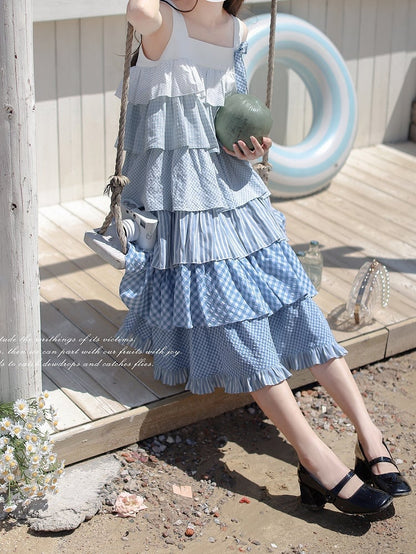 Blue with Patchwork Holiday Waist Sleeveless Dress Tiered Skirt Belt