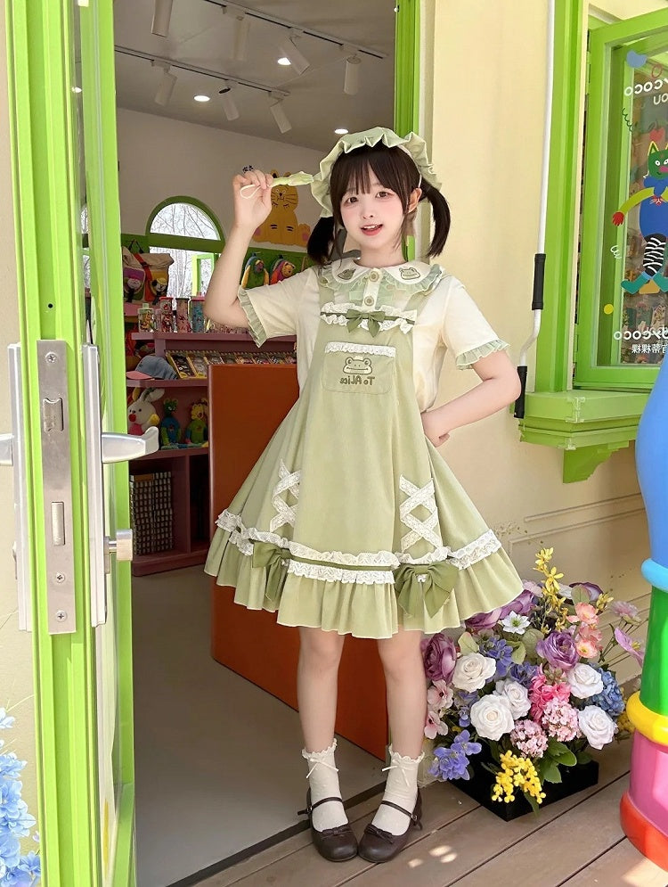 Light Green Frog Embroidery Lace Trim Overalls