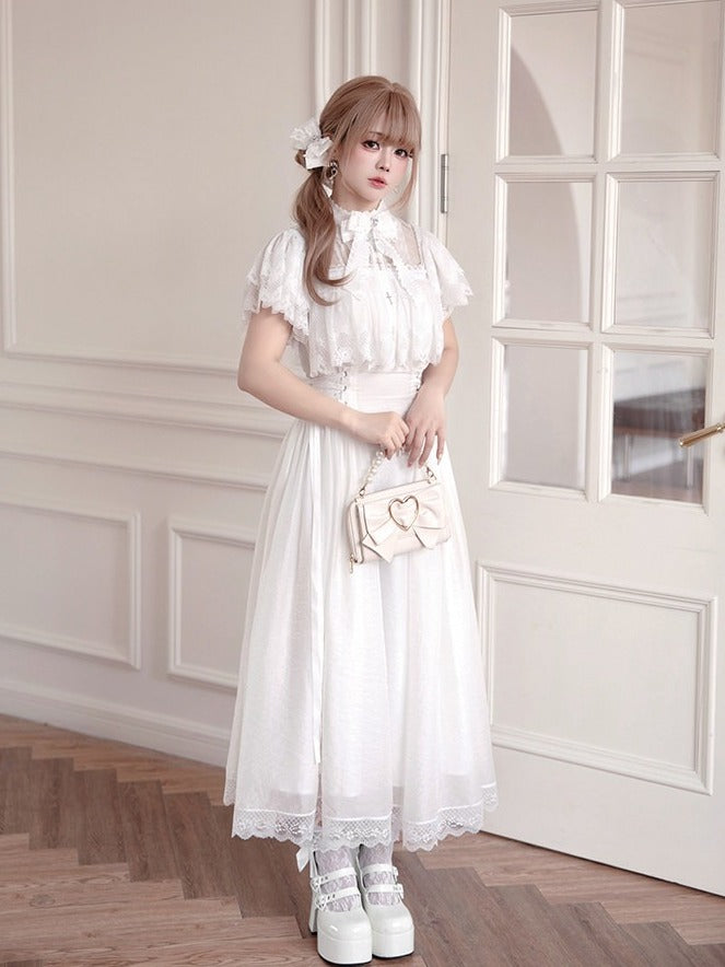 Black/White Lace Cutout Shoulder Jirai Kei Cross Dress - Tan Tuan
