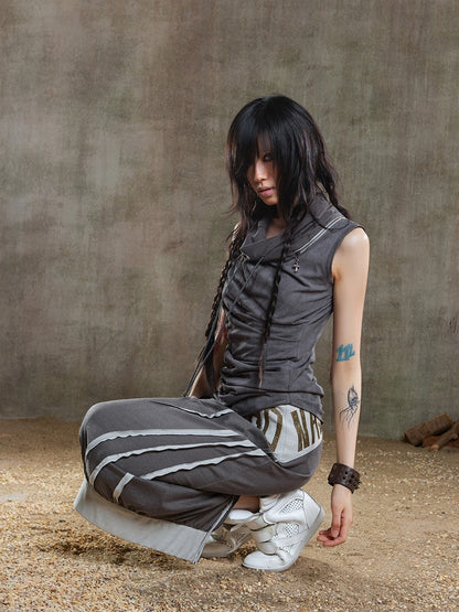 Cross Zipper Drawstring Gray Vest Asymmetrical Punk Neckline Charms with Dark