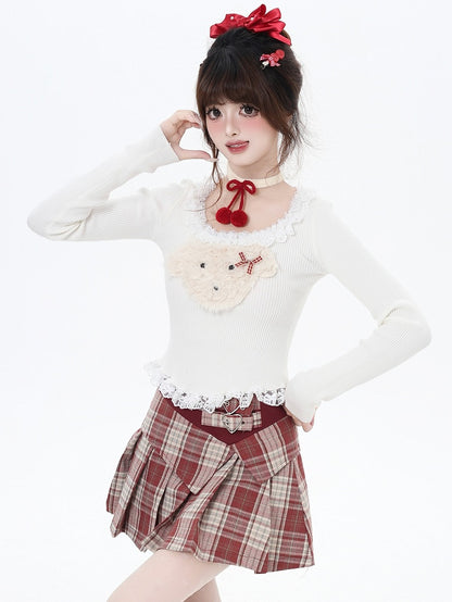 Weiß/Grau/Schwarzes Stricktop mit Plüschwelpen-Applikation und Spitzenbesatz