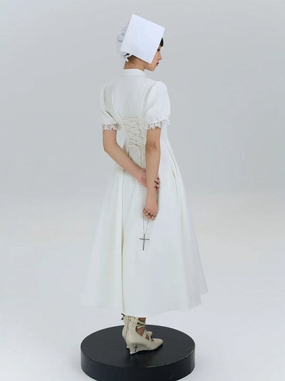 Cross Nun Lolita Trimmed White Short Sleeves Lace Embroidery with Dress