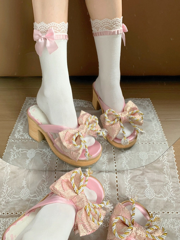 Pink Wa Lolita Platform Clogs with Big Bow and Floral Details - Aimee