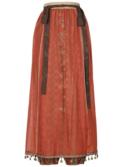 オーバーレイ付き赤いチャイナドレス風花柄ルーズパンツ