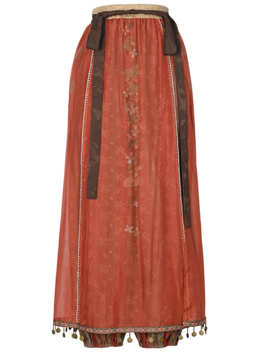 Rote, lockere Hose im Cheongsam-Stil mit Blumenmuster und Überzug