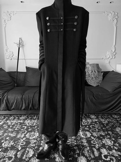 Long Gothic Coat Detials Strap Mock Neck Black with Buckle Royal