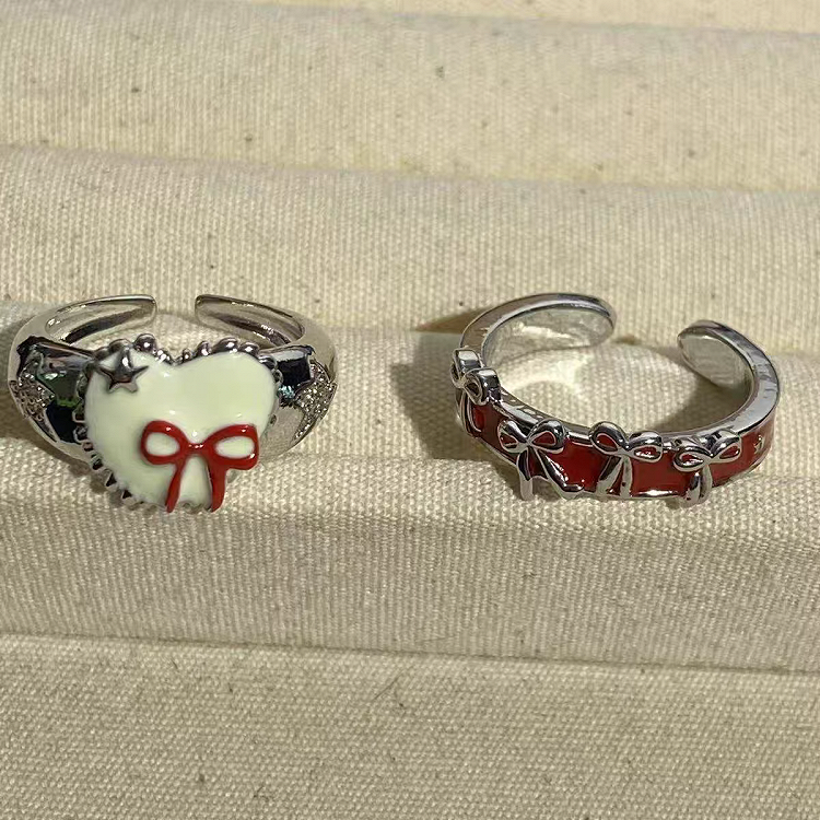 Y2K Red Bow Ring/Beaded Necklace