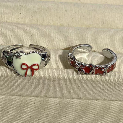 Y2K Red Bow Ring/Beaded Necklace