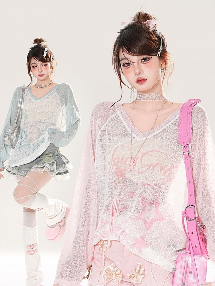 ブルー/ピンクプリントのセミシースルーカバーアップVネックスター