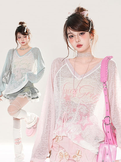 ブルー/ピンクプリントのセミシースルーカバーアップVネックスター