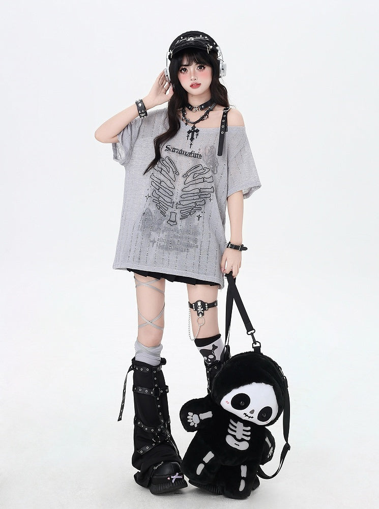 Y2K アシンメトリーネックライン スケルトン ハートプリント ブラック/グレー/ホワイト Tシャツ