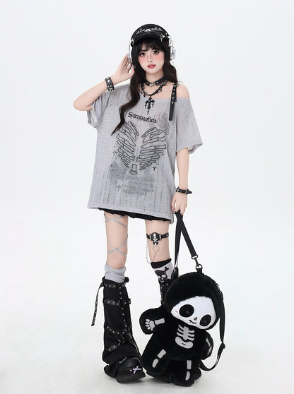Y2K アシンメトリーネックライン スケルトン ハートプリント ブラック/グレー/ホワイト Tシャツ