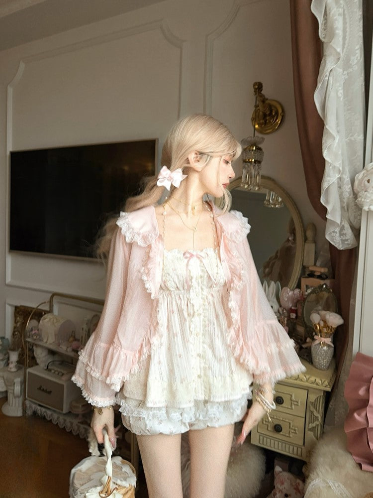 Cami Satin Top With Trim Floral Bows Lace Pink