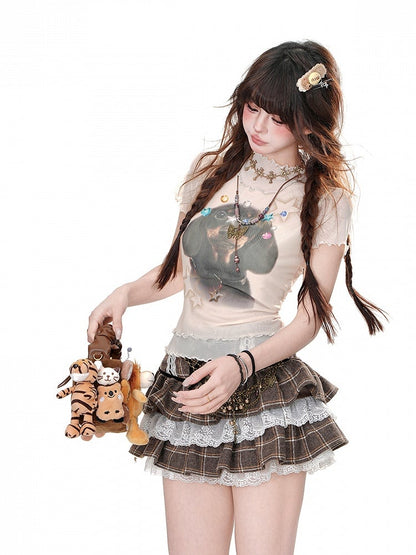 愛らしい子犬のカーキ/ピンクのフリルトリムのほろ苦いメッシュTシャツ