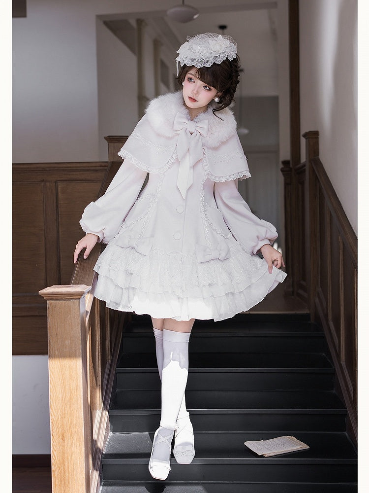 Snow White Heart Lace Applique Sweet Lolita Winter Overcoat - Dream Magic Box