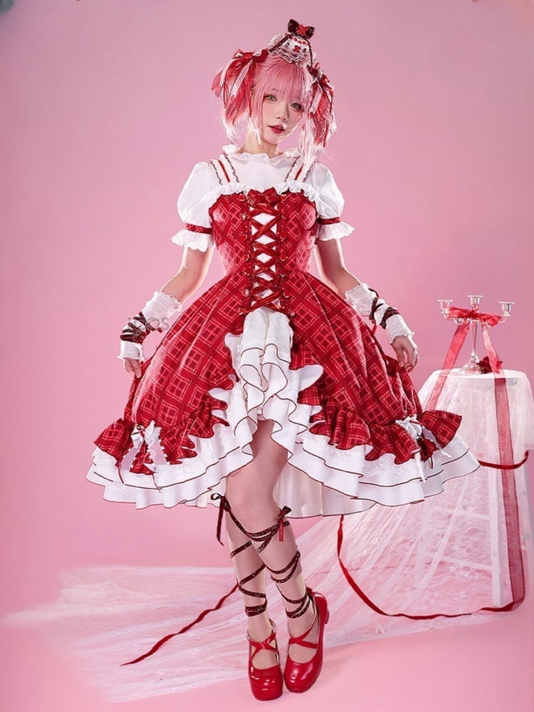 Shugo Chara Hinamori Amu Rot kariertes Kleid Lolita-Stil Cosplay Kostüm