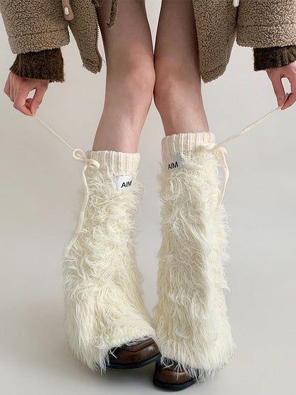 Faux Fluffy Drawstring Cream Warmers Fur Leg