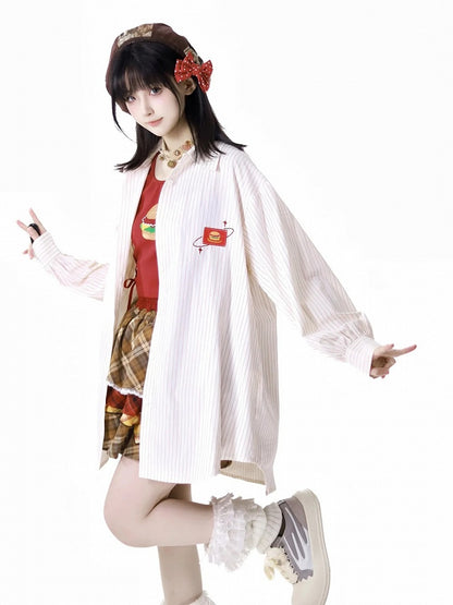 Burger Embroidery Applique Oversized Shirt Pink/White